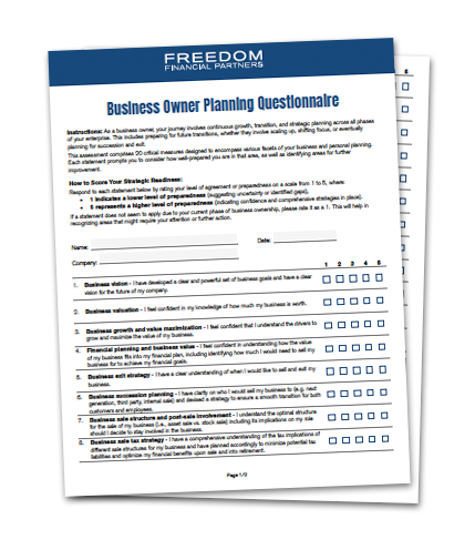 A graphic showing 2 pages of a Business Owner Planning Questionnaire